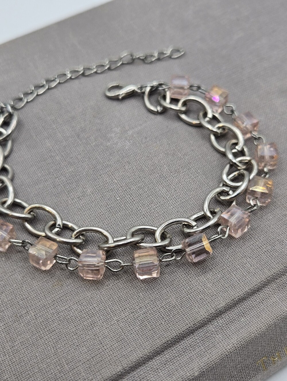Chunky Silver Chain Pink Crystal Cube Bracelet 9.5" Mermaid Beachy Silver Tone
